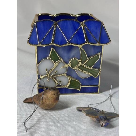 Stained Glass Hummingbird House w/ Flower 4" Tall Candle Votive Holder / 2 Birds - Picture 3 of 8